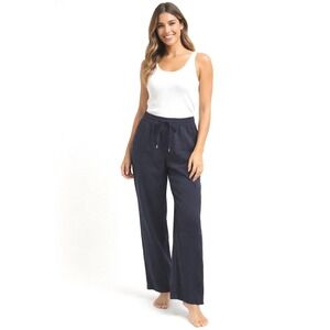 ZARA Navy Blue Linen Blend Wide Leg Drawstring Waist Pants Women's Size 30